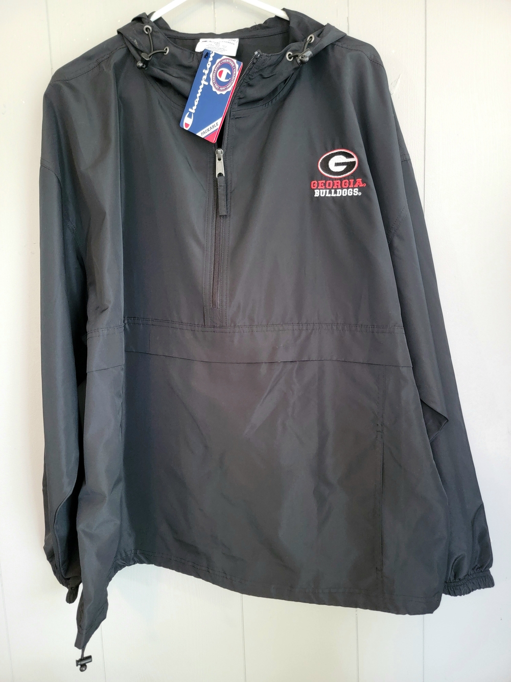 NWT Champion Black Georgia Bulldogs Hooded Windbreaker Half-Zip Pullover, 2XL